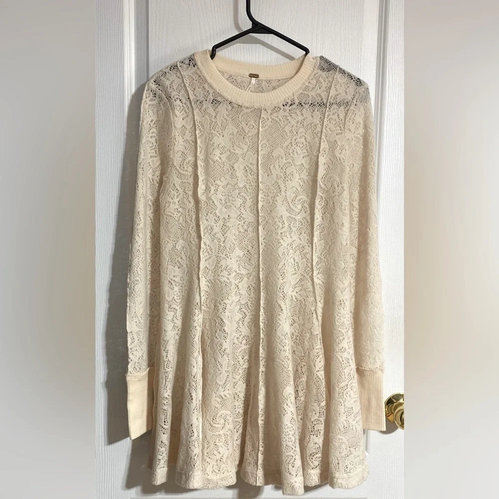 Free People Cream Lace Boho Long Sleeve Cowgirl Western Tunic Size Small - Picture 3 of 8